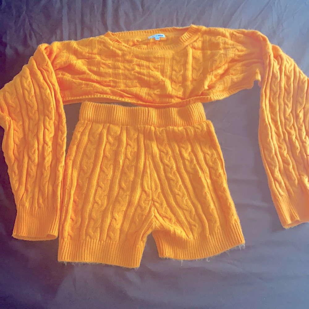 Adorable Fashionova knitted crop sweater and short set in the color, Orange